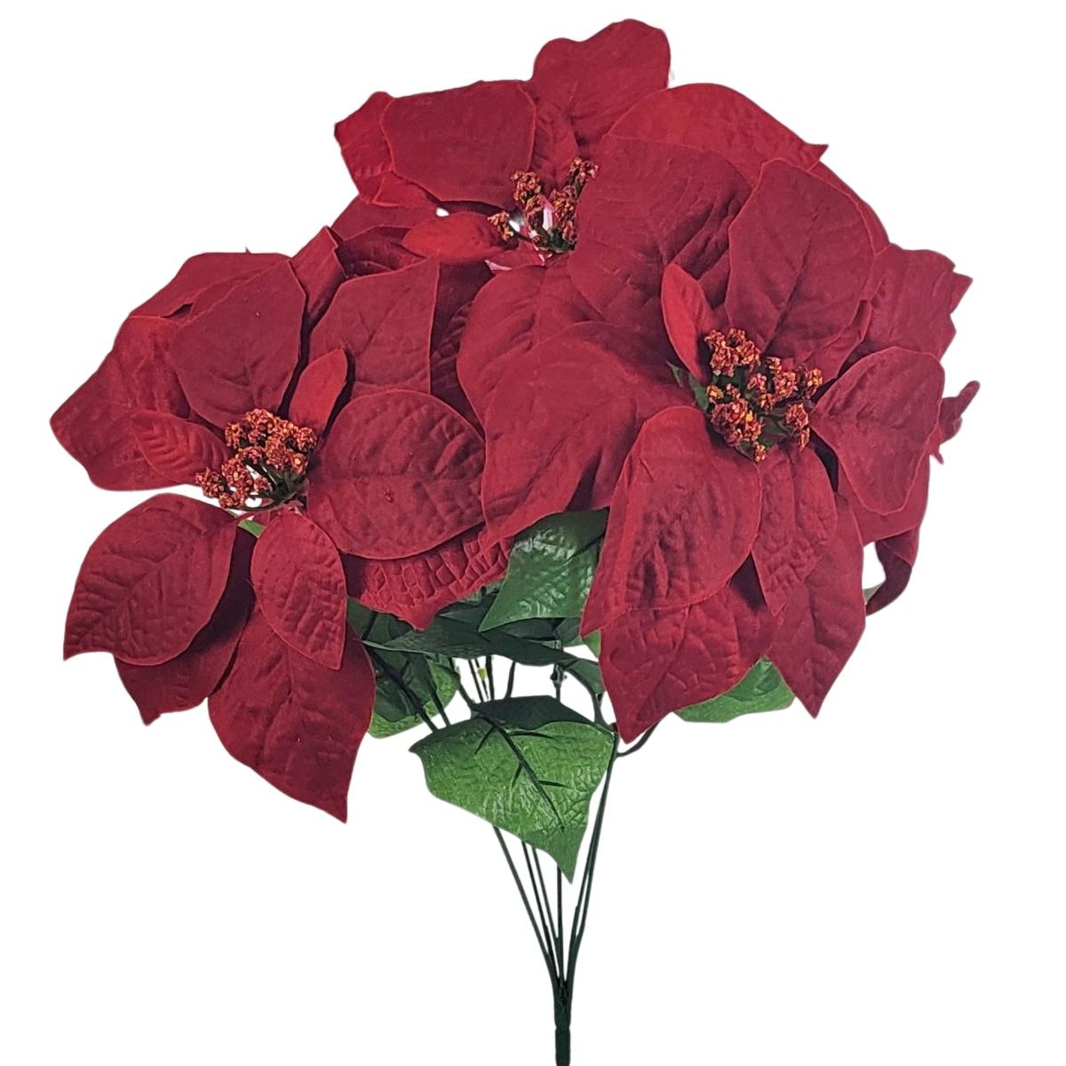 Deep red artificial poinsettia bush with six poinsettia blooms and green foliage for Christmas and holiday floral designs.