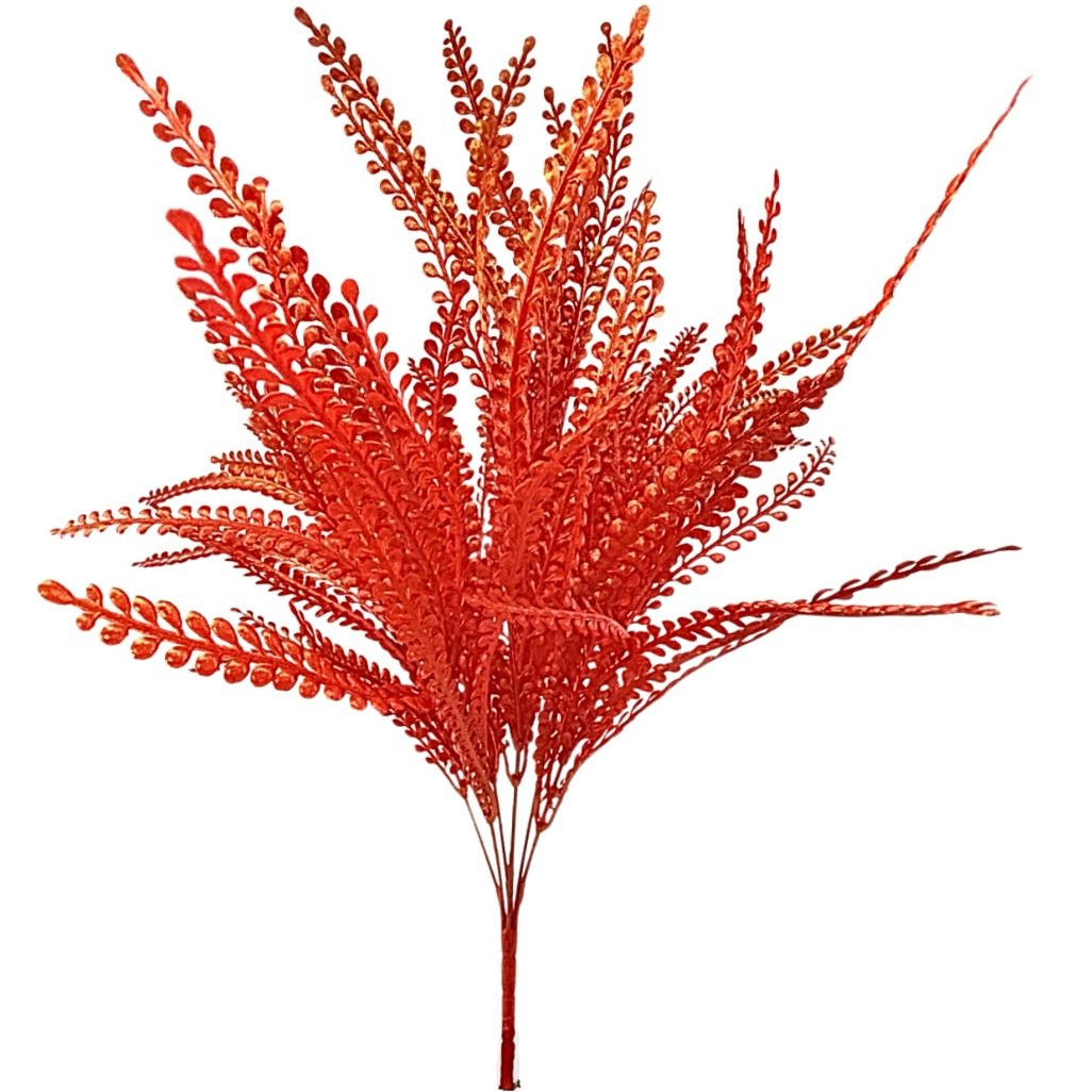 Large Red with gold tint artificial bead grass greenery bush with 49 branching leaves