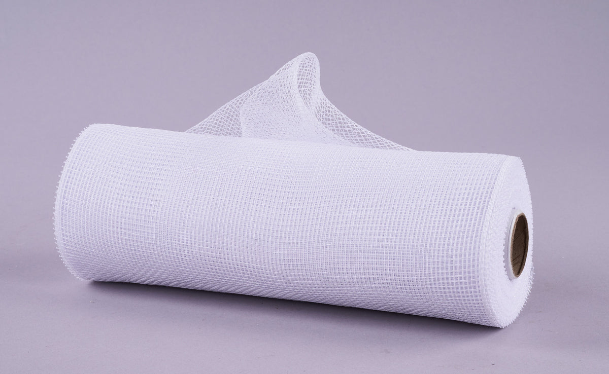 Roll of white polypropylene deco mesh measuring 10 inches wide by 10 yards long.